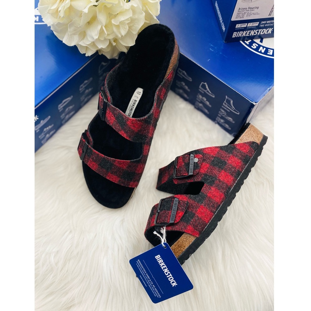 Men’s Birkenstock Arizona Rivet Plaid Fur Lined Sandals